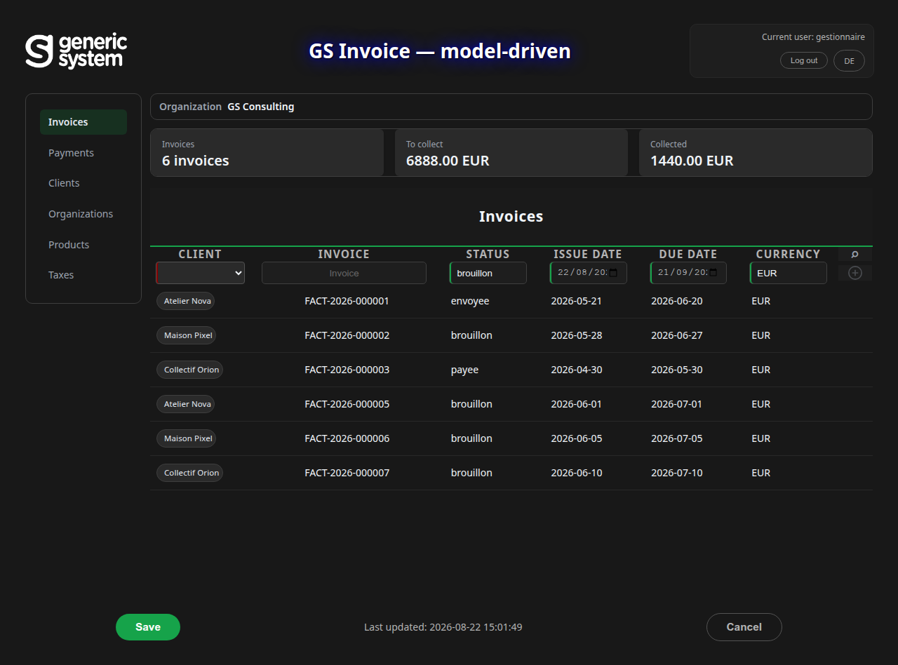 The manager's invoice list in gs-invoice: six invoices, no delete control on any row, not even on the draft